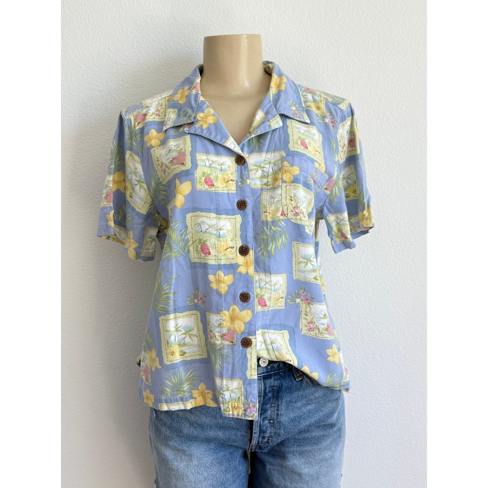 VTG 90s Shaver Lake Tropical Postcard Rayon Camp Shirt Coastal Vacation Novelty